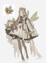 Rule 34 | 1girl, agugugu, blush, brown hair, closed mouth, commentary request, crown, dress, flower, full body, green eyes, grey background, grey pantyhose, hair flower, hair ornament, highres, jewelry, long hair, looking at viewer, mole, mole under eye, original, pantyhose, personification, photo-referenced, photo inset, reference inset, reference photo, sidelocks, simple background, sleeves past fingers, sleeves past wrists, solo, white dress, wings