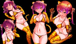 Rule 34 | 1girl, animal ears, animal print, bare shoulders, bikini, black background, breasts, claw pose, cleavage, closed mouth, collarbone, elbow gloves, fang, fang out, gloves, hair between eyes, hair ribbon, hands up, heterochromia, hololive, houshou marine, large breasts, long hair, looking at viewer, multiple views, navel, nikujag96737782, one eye closed, open mouth, print bikini, red eyes, red ribbon, ribbon, simple background, smile, swimsuit, tail, thighhighs, tiger ears, tiger print, tiger tail, twintails, v, virtual youtuber, yellow eyes