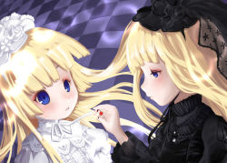 Rule 34 | 2girls, age difference, blonde hair, blue eyes, checkered floor, cordelia gallo, face, floor, gosick, hat, jewelry, kobiyuun, lolita fashion, mother and daughter, multiple girls, profile, ring, victorica de blois