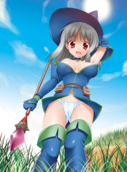 Rule 34 | 1girl, boots, fantasy earth zero, from below, gloves, hat, open mouth, panties, red eyes, shigemiya kyouhei, short hair, silver hair, solo, staff, thighhighs, underwear, white panties