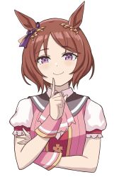 Rule 34 | 1girl, animal ears, brown hair, finger to face, flower in eye, hashtag-only commentary, highres, horse ears, horse girl, index finger raised, looking at viewer, parted bangs, puffy short sleeves, puffy sleeves, purple eyes, sakata s2023, sakura laurel (umamusume), short hair, short sleeves, simple background, smile, solo, symbol in eye, umamusume, upper body, white background, wrist cuffs