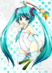 Rule 34 | 1girl, aqua eyes, aqua hair, art brush, bad anatomy, child, detached sleeves, hatsune miku, hatsune miku no bousou (vocaloid), kneeling, long hair, name tag, necktie, one-piece swimsuit, open mouth, paintbrush, rainbow, school swimsuit, solo, spring onion, star (symbol), striped clothes, striped thighhighs, swimsuit, thighhighs, twintails, very long hair, vocaloid, white one-piece swimsuit, white school swimsuit
