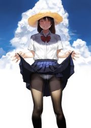 Rule 34 | 1girl, black hair, black pantyhose, blue skirt, blue sky, blush, brown hair, clothes lift, cloud, cloudy sky, commentary request, day, hat, highres, lifted by self, long hair, looking at viewer, original, outdoors, panties, panties under pantyhose, pantyhose, pleated skirt, school uniform, shirt, short sleeves, skirt, skirt lift, sky, smile, solo, standing, straw hat, underwear, white panties, white shirt, yomu (sgt epper)
