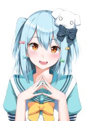 Rule 34 | 1boy, :d, absurdres, aqua serafuku, blue hair, bow, bowtie, brown eyes, cardigan, cardigan vest, crossdressing, dog hair ornament, double horizontal stripe, fang, fingers together, hair bow, hair ornament, highres, inuyama tamaki, looking at viewer, male focus, medium hair, noripro, open hands, open mouth, own hands together, portrait, raised eyebrows, sailor collar, school uniform, serafuku, short hair, simple background, smile, solo, trap, two side up, vest, virtual youtuber, white background, white cardigan, white vest, yanagi marie, yellow bow, yellow bowtie