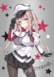 Rule 34 | 10s, 1girl, anchor, black gloves, black pantyhose, black skirt, blonde hair, blue eyes, breasts, capelet, character name, cross, female focus, gloves, gradient background, graf zeppelin (kancolle), grey background, hair between eyes, hat, iron cross, kantai collection, large breasts, long hair, looking at viewer, military, military hat, military uniform, miniskirt, murasakio, necktie, pantyhose, peaked cap, pleated skirt, sidelocks, skirt, solo, standing, tsurime, twintails, uniform