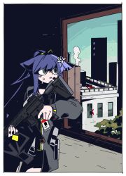 Rule 34 | 1girl, animal ears, arknights, black jacket, black skirt, blood, blue eyes, broken window, building, cat ears, city, commentary, english commentary, green eyes, gun, high contrast, holding, holding weapon, id card, jacket, jessica (arknights), jessica the liberated (arknights), long hair, parted lips, rifle, sidelocks, skirt, smoke, sniper rifle, solo, tree, very long hair, weapon, xity