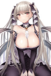 Rule 34 | 1girl, azur lane, bare shoulders, between breasts, black bow, black dress, blush, bow, breasts, cleavage, closed mouth, collarbone, detached collar, detached sleeves, dress, earrings, expressionless, formidable (azur lane), frilled dress, frills, hair bow, highres, jewelry, large breasts, long sleeves, looking at viewer, mizuya nao, red eyes, silver hair, simple background, sitting, solo, straight hair, stud earrings, twintails, white background