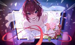 Rule 34 | 1girl, ange katrina, bare shoulders, blue eyes, blush, bouquet, breasts, cleavage, dress, empty eyes, flower, gloves, hair ornament, highres, kamitoge supino, looking at viewer, nijisanji, nose blush, outstretched hand, red hair, rose, screen, solo, virtual youtuber, wedding dress, white gloves
