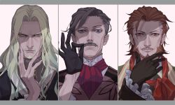 Rule 34 | 3boys, beard, black gloves, black hair, blonde hair, blue eyes, brown eyes, brown hair, facial hair, fate (series), fingernails, frilled sleeves, frills, frown, gloves, james moriarty (archer) (fate), long hair, male focus, multiple boys, mustache, nose, original, pointy ears, red scarf, scarf, trait connection, uneven eyes, upper body, yellow eyes