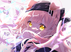 Rule 34 | 1girl, absurdres, animal ears, arknights, blurry, blurry foreground, cat ears, crying, crying with eyes open, electricity, goldenglow (arknights), highres, long hair, onasu (nasubinari), pink hair, reaching, reaching towards viewer, tears, yellow eyes