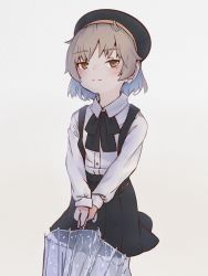 Rule 34 | 1girl, beret, black bow, black hat, black skirt, blush, bow, brown eyes, brown hair, closed mouth, collared shirt, commentary request, dress shirt, grey background, hat, hatoba tsugu, highres, holding, holding umbrella, kuro kosyou, looking at viewer, mole, mole under eye, pleated skirt, shirt, simple background, skirt, solo, standing, suspender skirt, suspenders, transparent, transparent umbrella, tsugu (vtuber), umbrella, virtual youtuber, wet, white shirt