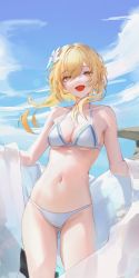 Rule 34 | 1girl, :d, absurdres, bare arms, bare shoulders, bikini, blonde hair, breasts, cleavage, cowboy shot, day, flower, genshin impact, gluteal fold, hair flower, hair ornament, halterneck, highres, leviathan (hikinito0902), looking at viewer, lumine (genshin impact), medium breasts, navel, open mouth, orange eyes, outdoors, short hair with long locks, smile, solo, standing, stomach, string bikini, swimsuit, thighs, white bikini