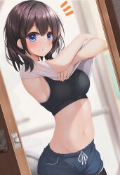 Rule 34 | 1girl, black bra, black hair, blue eyes, blue shorts, blurry, blurry background, blush, bra, breasts, closed mouth, clothes lift, crossed arms, depth of field, looking at viewer, medium breasts, medium hair, minato ojitan, navel, notice lines, open door, original, shirt, shirt lift, shorts, solo, standing, stomach, underwear, undressing, white shirt