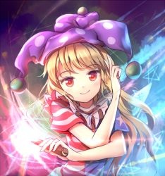 Rule 34 | 1girl, american flag dress, blonde hair, clownpiece, facing viewer, fairy wings, frills, hat, jester cap, long hair, minust, neck ruff, polka dot headwear, purple hat, red eyes, short sleeves, smile, solo, star (symbol), striped, torch, touhou, upper body, v, wings