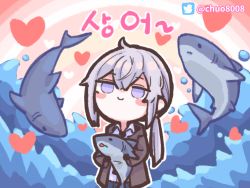 Rule 34 | 1girl, 28 (282teeth), animal, bad id, bad pixiv id, blush stickers, chibi, commentary request, girls&#039; frontline, grey eyes, grey hair, heart, heart background, holding, holding animal, korean commentary, korean text, long hair, m200 (girls&#039; frontline), pink background, ponytail, shark, smile, translation request, twitter logo, twitter username, water