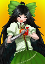 Rule 34 | 1girl, arugeri, bad id, bad pixiv id, black hair, blush, bow, closed eyes, female focus, gift, gloves, hair bow, happy, heart, holding, holding gift, large bow, long hair, open mouth, radiation symbol, radioactive, reiuji utsuho, smile, solo, touhou, wings