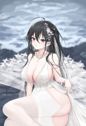 Rule 34 | 1girl, absurdly long hair, absurdres, ass, azur lane, backless dress, backless outfit, black hair, breasts, center opening, clothes lift, cocktail dress, dress, dress lift, evening gown, feet out of frame, garter straps, hair between eyes, hair ornament, hair strand, highres, huge breasts, large breasts, long hair, looking at viewer, lying, ming (user arcn7324), official alternate costume, on side, plunging neckline, red eyes, satin dress, see-through, see-through dress, sleeveless, sleeveless dress, solo, taihou (azur lane), taihou (temptation on the sea breeze) (azur lane), thighhighs, veil, very long hair, white dress, white garter straps, white thighhighs
