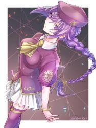 Rule 34 | 1girl, ascot, beret, border, bracelet, braid, closed mouth, collarbone, haruto (haru re26), hat, highres, jewelry, long hair, melty blood, purple eyes, purple hair, purple hat, purple thighhighs, short sleeves, single braid, sion eltnam atlasia, solo, standing, thighhighs, tsukihime, twitter username, white border, yellow ascot