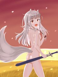 Rule 34 | 1girl, absurdres, animal ears, ass, blush, bottle, breasts, cherry blossoms, fang, from behind, grey hair, highres, holding, holding sword, holding weapon, long hair, looking at viewer, looking back, myuri (spice and wolf), nipples, nude, open mouth, petals, red eyes, small breasts, smile, spice and wolf, sword, tail, tenran (pixiv 561780), weapon, wolf ears, wolf girl, wolf tail