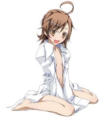 Rule 34 | 1girl, ahoge, bare legs, barefoot, brown eyes, brown hair, last order (toaru majutsu no index), midriff, naked shirt, navel, open clothes, open mouth, open shirt, shirt, short hair, sitting, smile, solo, toaru kagaku no railgun, toaru majutsu no index, touryou, v arms