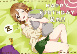 Rule 34 | 1girl, ;), absurdres, alternate hairstyle, artist name, artist request, bare legs, bare shoulders, blush, braid, breasts, brown eyes, brown hair, collarbone, dated, female focus, green background, green skirt, hair between eyes, hair ornament, highres, holding, holding pillow, kunikida hanamaru, light brown hair, light brown sweater, long hair, looking at viewer, love live!, love live! sunshine!!, miniskirt, one eye closed, parted lips, pillow, plaid, plaid skirt, pleated, pleated skirt, single braid, skirt, smile, solo, sweater, white sweater, wink, yellow eyes
