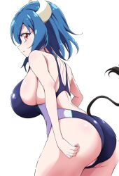Rule 34 | 1girl, ass, blue hair, blush, breasts, competition swimsuit, cow girl, cow horns, cow tail, crotch, highres, horns, jashin-chan dropkick, large breasts, looking at viewer, minos (jashin-chan dropkick), one-piece swimsuit, open mouth, red eyes, short hair, solo, swimsuit, tail