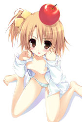 Rule 34 | 1girl, :p, apple, asymmetrical hair, bad id, bad pixiv id, barefoot, blush, breasts, brown eyes, brown hair, cameltoe, cube hair ornament, dream c club, dream c club (series), feet, food, fruit, hair ornament, highres, karory, kneeling, looking up, navel, nipples, object on head, open clothes, open shirt, panties, setsu (dream c club), shirt, side ponytail, sitting, small breasts, solo, striped clothes, striped panties, tongue, tongue out, underwear, wariza, white shirt