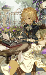 Rule 34 | 10s, 1girl, belt, blonde hair, blue dress, bolo tie, boots, braid, brown footwear, cheese kang, commentary, day, dress, flower, green eyes, hair between eyes, hair ribbon, highres, knee boots, mechanical arms, outdoors, papers, petals, red ribbon, revision, ribbon, sitting, skirt, solo, table, tree, typewriter, typing, violet evergarden, violet evergarden (series), white skirt, wind