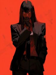 Rule 34 | 1girl, 96yottea, absurdres, belt, black gloves, black hair, black jacket, black necktie, black pants, black suit, chainsaw man, formal, gloves, hair between eyes, hand in pocket, highres, jacket, long hair, looking at viewer, necktie, open clothes, open jacket, pants, red background, red eyes, red shirt, scar, scar on face, shirt, simple background, standing, suit, yoru (chainsaw man)