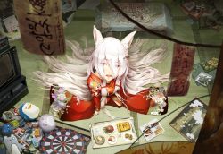 Rule 34 | 1girl, :o, animal ears, dartboard, eyes visible through hair, food, fox ears, hair between eyes, hair ornament, hair over one eye, hairclip, highres, indoors, japanese clothes, kimono, long hair, looking at viewer, map, original, puzzle, red kimono, scenery, shjjy296, sidelocks, solo, stuffed animal, stuffed penguin, stuffed toy, television, toy, very long hair, white hair