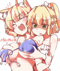 Rule 34 | 2girls, :d, ^ ^, animal ear fluff, animal ears, bare shoulders, bikini, blonde hair, blush, breasts, closed eyes, fang, fox ears, gokuu (acoloredpencil), grabbing, grabbing another&#039;s breast, grabbing from behind, green eyes, hair between eyes, large breasts, medium breasts, midriff, mizuhashi parsee, multiple girls, open mouth, pointy ears, ponytail, shaded face, short hair, smile, swimsuit, tears, touhou, untied bikini, upper body, v-shaped eyebrows, yakumo ran