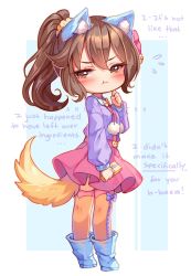 Rule 34 | 1girl, :t, animal ear fluff, animal ears, artist name, bell, blue background, blue footwear, blush, boots, bow, box, brown eyes, brown hair, chibi, closed mouth, collared shirt, commentary, commission, english commentary, english text, flying sweatdrops, full body, gift, gift box, hair bell, hair between eyes, hair bow, hair ornament, high ponytail, holding, holding gift, hyanna-natsu, jingle bell, long hair, long sleeves, orange thighhighs, original, pink bow, pink skirt, pleated skirt, ponytail, pout, puffy long sleeves, puffy sleeves, purple bow, purple shirt, romaji text, shirt, skirt, smile, solo, standing, suspender skirt, suspenders, tail, thighhighs, thighhighs under boots, tsundere, two-tone background, v-shaped eyebrows, white background