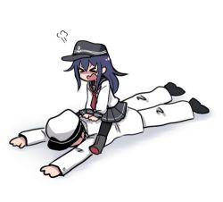 Rule 34 | &gt; &lt;, 1boy, 1girl, admiral (kancolle), akatsuki (kancolle), anchor symbol, black hat, black pantyhose, black skirt, blush, boots, closed eyes, commentary request, flat cap, grey footwear, hair between eyes, hat, jacket, kantai collection, long hair, long sleeves, lowres, lying, military, military hat, military jacket, military uniform, neckerchief, nose blush, on stomach, open mouth, pants, pantyhose, pleated skirt, purple hair, red neckerchief, school uniform, serafuku, shirt, sitting, sitting on person, skirt, terrajin, uniform, white background, white hat, white jacket, white pants, white shirt