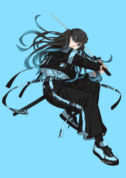 Rule 34 | 1boy, absurdres, alternate costume, black hair, black pants, black sweater, blue background, blue eyes, blue footwear, blue hair, blue shirt, character name, closed mouth, contemporary, full body, gradient hair, highres, holding, holding sword, holding weapon, kake hashi3, katana, kimetsu no yaiba, long hair, long sleeves, male focus, multicolored hair, pants, parted lips, shirt, shoes, simple background, sneakers, solo, sweater, sword, tokitou muichirou, twitter username, very long hair, weapon