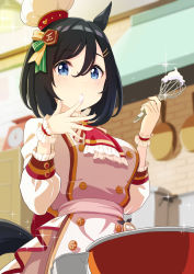Rule 34 | 1girl, animal ears, apron, black hair, blue eyes, blurry, bob cut, chef hat, cream, depth of field, dress, eishin flash (collect chocolatier) (umamusume), eishin flash (umamusume), hair ornament, hat, highres, holding, horse ears, horse girl, indoors, kitchen, long sleeves, looking at viewer, official alternate costume, open mouth, pink apron, shiromaru illust, short hair, solo, swept bangs, umamusume, white dress, white hat