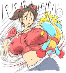Rule 34 | 1girl, breast slap, breasts, brown hair, covered erect nipples, cow girl, cow horns, creature, female focus, gloves, hataraki ari, horns, huge breasts, midriff, navel, original, pants, shirt, short hair, short twintails, simple background, solo, sukimi, twintails, white background, yellow eyes
