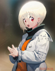 Rule 34 | 1girl, :d, blonde hair, blurry, blurry background, dated, depth of field, earrings, from side, grey jacket, highres, hood, hood down, jacket, jewelry, looking at viewer, nike (company), open clothes, open jacket, open mouth, orange sweater, original, own hands together, red eyes, short hair, smile, solo, steepled fingers, sweater, waterkuma