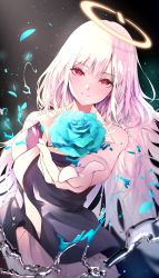 Rule 34 | 1girl, absurdres, blush, breasts, dress, falling petals, flower, halo, highres, holding, large breasts, long hair, looking at viewer, original, petals, red eyes, rose, simple background, smile, solo, w (w64851564), water, white hair