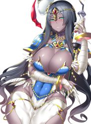 Rule 34 | 1girl, arm wrap, armlet, armor, black hair, blush, bracelet, breasts, bridal gauntlets, caster of the nocturnal castle, circlet, cleavage, commentary request, covered navel, dark-skinned female, dark skin, detached collar, facepaint, fate/grand order, fate (series), feathers, forehead jewel, green eyes, hat, highres, hitotsuki nebura, huge breasts, jewelry, legband, long hair, looking at viewer, mask, unworn mask, parted bangs, revealing clothes, ring, scheherazade (fate), scroll, shiny skin, shoulder armor, simple background, sitting, solo, staff, thighs, white background, wide hips