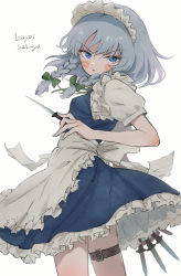 Rule 34 | 1girl, apron, blue dress, blue eyes, blue hair, blue nails, blush, bolero (bo le ro66), bow, braid, character name, dress, dual wielding, eyeshadow, fingernails, frilled apron, frills, green bow, grey background, hair between eyes, hair bow, highres, holding, holding knife, holding weapon, izayoi sakuya, knife, light blue hair, light blue nails, long hair, looking at viewer, maid, maid apron, maid headdress, makeup, nail polish, parted lips, puffy sleeves, red eyeshadow, simple background, solo, thigh strap, throwing knife, touhou, weapon