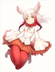 Rule 34 | 10s, 1girl, black footwear, blunt bangs, buttons, commentary request, fur collar, gloves, gradient hair, head wings, japanese crested ibis (kemono friends), kazabuki poni, kemono friends, long hair, long sleeves, looking at viewer, miniskirt, multicolored hair, pantyhose, pleated skirt, red gloves, red hair, red pantyhose, red skirt, shirt, shoes, sidelocks, simple background, skirt, solo, two-tone hair, white background, white hair, white shirt, wide sleeves, wings, yellow eyes