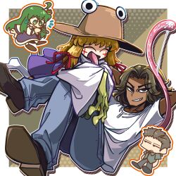 Rule 34 | 2boys, 2girls, amerika zarigani, arms behind head, blonde hair, blue skirt, brown eyes, brown footwear, brown hair, chibi, chibi inset, closed eyes, collared shirt, commentary, commentary request, cookie (touhou), cross, english commentary, facepaint, flying sweatdrops, frog hair ornament, full body, go (inmu), green eyes, green hair, grin, hair ornament, hair ribbon, highres, kaibara elena (cookie), kochiya sanae, long sleeves, long tongue, looking at viewer, majime-kun, manatsu no yo no inmu, mixed-language commentary, moriya suwako, multiple boys, multiple girls, open mouth, parted bangs, paseri (cookie), purple skirt, purple vest, red ribbon, ribbon, shirt, shoes, short hair, single hair tube, skirt, sleeves past wrists, smile, sweatdrop, tan, tongue, touhou, vest, white shirt, wide sleeves
