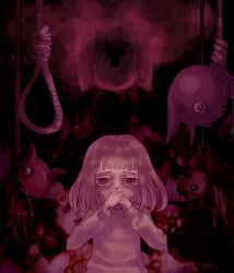 1girl accha brunhilda_(dreaming_mary) child dark_background dreaming_mary foxanne_(dreaming_mary) hands_up hanged highres horror_(theme) long_sleeves looking_at_viewer noose official_art sick