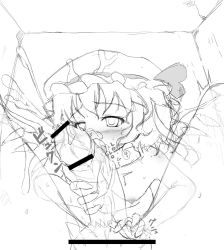 Rule 34 | 1girl, bar censor, censored, cum, fellatio, flandre scarlet, greyscale, hat, ichio, large penis, licking, licking penis, lineart, monochrome, nude, oral, penis, pov, sketch, solo focus, touhou