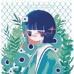Rule 34 | 1girl, anemone (flower), arm at side, black eyes, black hair, blush, bob cut, chain-link fence, closed mouth, colored inner hair, fence, fern, flower, from side, green flower, green shirt, halo, highres, jitome, long bangs, long sleeves, looking at viewer, multicolored hair, neck ribbon, no pupils, original, plant, red hair, ribbon, sailor collar, shirt, short hair, solo, sparkle, sskitaco, upper body, white ribbon, white sailor collar