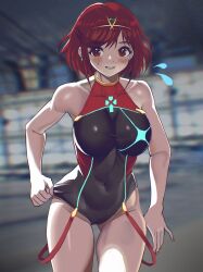 Rule 34 | 1girl, blush, breasts, clothes pull, highres, large breasts, muscular, muscular female, one-piece swimsuit, pyra (pro swimmer) (xenoblade), pyra (xenoblade), red eyes, red hair, rokuba, short hair, swimsuit, xenoblade chronicles (series), xenoblade chronicles 2