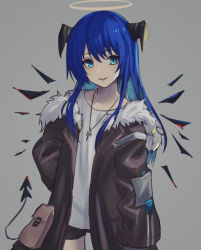 Rule 34 | 1girl, arknights, black horns, black jacket, black shorts, blue eyes, blue hair, fur-trimmed jacket, fur trim, grey background, halo, horns, jacket, jewelry, long hair, looking to the side, mostima (arknights), necklace, open clothes, open jacket, parted lips, shirt, shorts, simple background, solo, tail, white shirt, yoruhachi