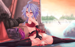 Rule 34 | 1girl, ahoge, anus, artist name, ass, ball, bar censor, bare shoulders, black gloves, black thighhighs, blue hair, blush, breasts, censored, cheerleader, cleft of venus, crop top, dildo, exhibitionism, flexible, gloves, highres, looking at viewer, multiple views, neptune (series), nipple stimulation, pervert, pleated skirt, power symbol-shaped pupils, public indecency, pussy, pussy juice, red eyes, red skirt, sereneandsilent, sex toy, short hair, skirt, sleeveless, small breasts, solo, split, sweat, symbol-shaped pupils, thighhighs, vibrator, vibrator in thighhighs, vibrator on nipple, white heart (neptunia)