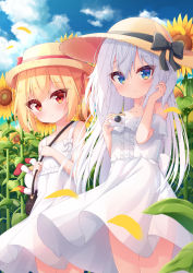Rule 34 | 2girls, bag, blonde hair, blue eyes, blue hair, blush, center frills, day, dress, flower, frills, hair ribbon, hand in own hair, hat, hat ribbon, highres, holding strap, isoroku (isrk), long hair, looking at viewer, multiple girls, off-shoulder dress, off shoulder, original, parted lips, red eyes, ribbon, short sleeves, shoulder bag, sky, sleeveless, sleeveless dress, smile, straw hat, stuffed animal, stuffed rabbit, stuffed toy, summer, sun hat, sundress, sunflower, twintails, two side up, white dress, white hair, wind