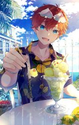 Rule 34 | 1boy, amagi hiiro, blue eyes, building, chair, commentary request, day, drinking straw, ensemble stars!, food, highres, holding, holding spoon, ice cream, incoming food, incoming gift, kame (unaikodori), looking at viewer, male focus, open mouth, red hair, short hair, sitting, solo, spoon, sunglasses, table, teeth, watch, wristwatch